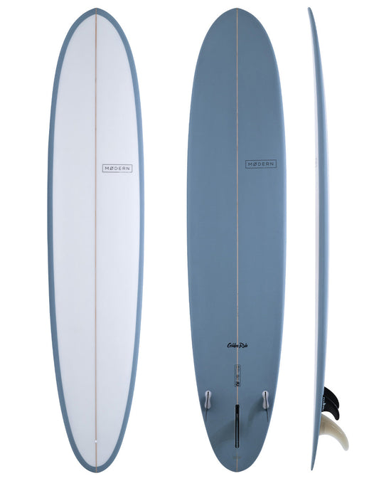 Modern Surfboards - The Golden Rule steele blue and white longboard